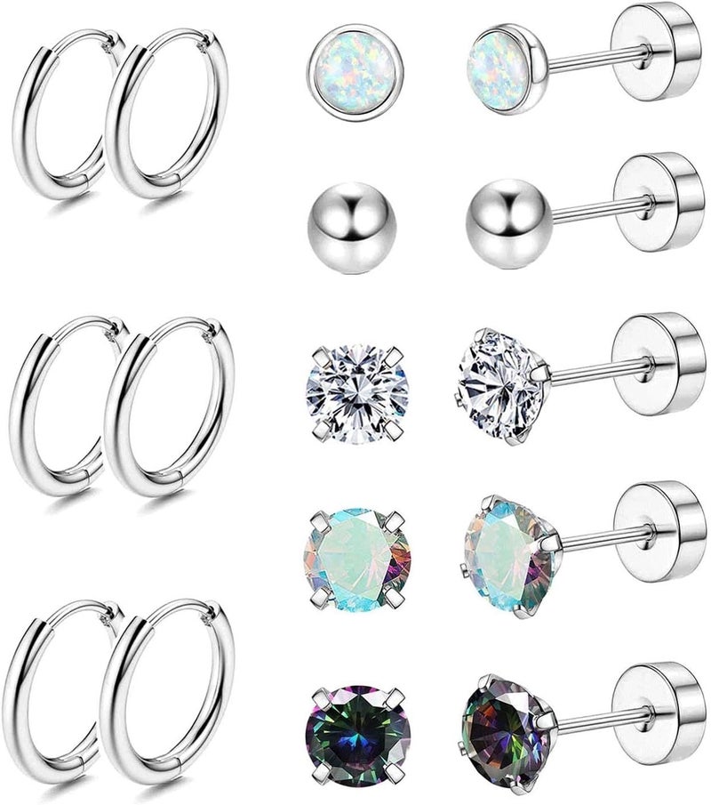 Jstyle Surgical Steel Earrings for Sensitive Ears Hypoallergenic 20G Stainless Steel Stud Hoop Earrings for Women Men Small Opal Ball CZ Surgical Steel Flat Back Earrings Cartilage Earrings Hoop Stud - Image 1